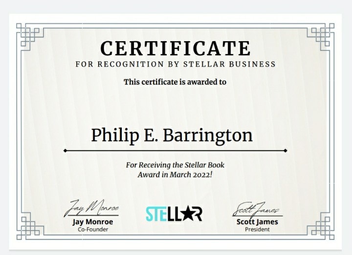 Stellar Book Award certificate — Philip E. Barrington